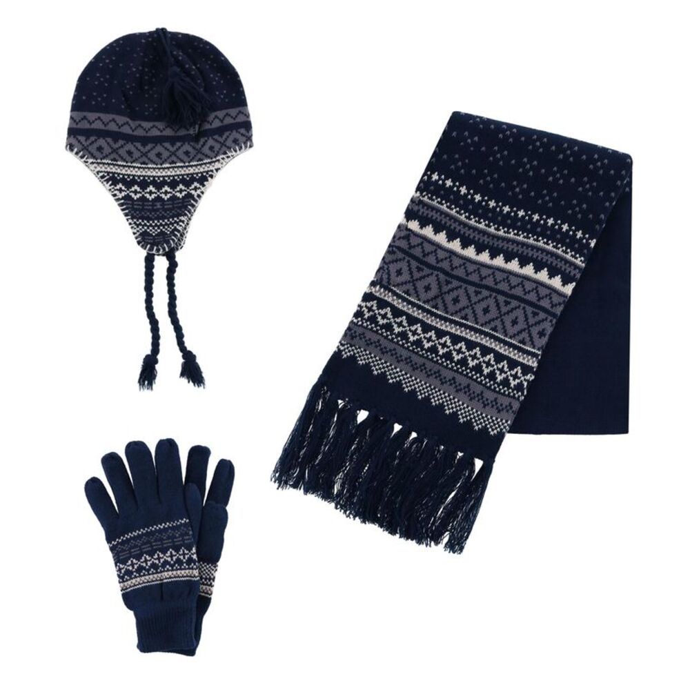 CTM Men's Heavy Knit Winter Pattern Hat Glove and Scarf Set